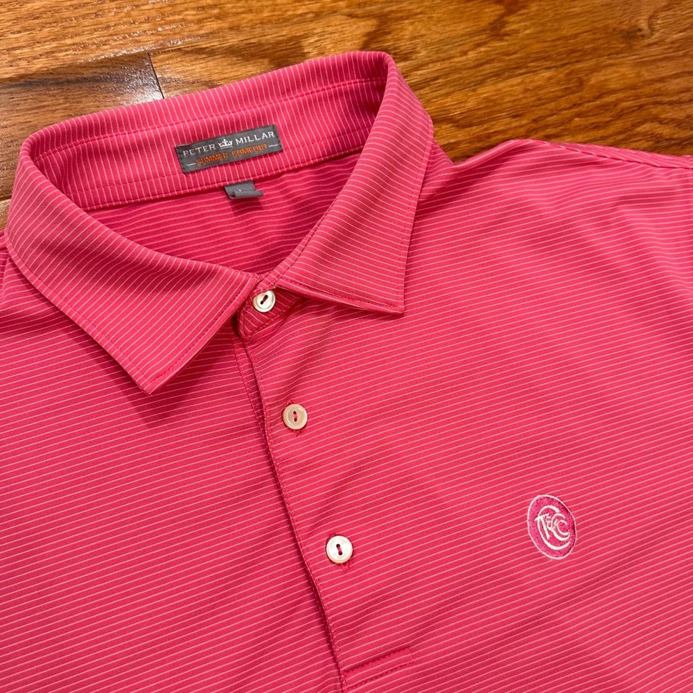 Peter Millar Summer Comfort Golf Polo‎ Shirt Mens Large Pink Striped TCC Logo